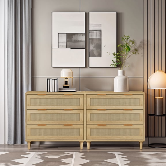 Living Room Cabinets 3-Drawers Rattan Storage Cabinet Rattan Drawer (Set of 2),for Bedroom,Living Room,Dining Room,Hallways,Oak,Wooden Cabinets