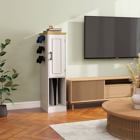 Living Room Cabinets 44.49" Slim AV Media Stand Game Console Stand, Media Storage Cabinet with 2 built-in Drawers and 3 Hooks, Game Console Storage Cabinet for PS5 and Xbox-Antique White,Wooden Cabi