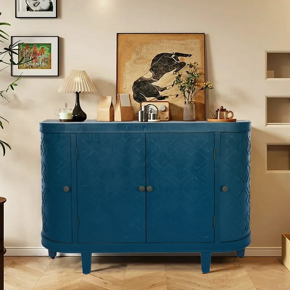 Living Room Cabinets 47''Oval Storage Cabinet with 4 Doors,Buffet Sideboard Cabinet with Storage, Fluted Accent Storage Cabinet with Curvy Edge, Sliding Door, Freestanding Credenza, Console Table for