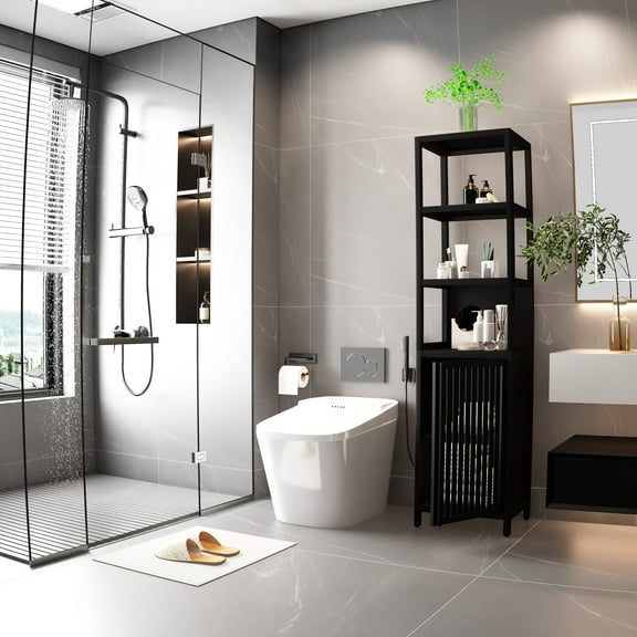 Living Room Cabinets BLACK Storage Tall Slim Cabinet with Shutter Door and 3 Tier Shelves, Freestanding Linen Tower Cabinet for Living Room, Kitchen, Bathroom Organizer, Natural Bamboo,Primary Livin