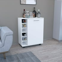 Living Room Cabinets Bar -coffee cart 32" H, Kitchen or living room cabinet storage with 4 wheels, with 6 bottle racks, a central shelf covered by 1 door, ideal for storing glasses and snacks, white