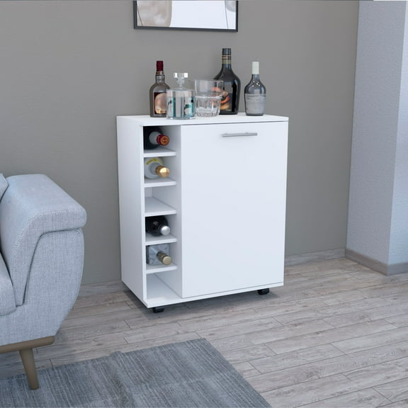 Living Room Cabinets Bar -coffee cart 32" H, Kitchen or living room cabinet storage with 4 wheels, with 6 bottle racks, a central shelf covered by 1 door, ideal for storing glasses and snacks, white