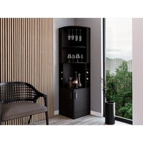Living Room Cabinets Corner bar cabinet 71" H, with two shelves at the top, 1 glass holder, 8 exterior bottle racks, 1 central shelf and a lower drawer with 2 side doors, black,Wooden Cabinets