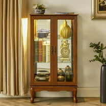 Living Room Cabinets Curio Cabinet Lighted Curio Diapaly Cabinet with Adjustable Shelves and Mirrored Back Panel, Tempered Glass Doors (Oak, 3 Tier), (E26 light bulb not included),Wooden Cabinets
