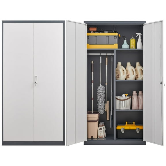 Living Room Cabinets Gray Metal Large-Capacity Wardrobe with Hanging Rod and Compartments, Lockable Closet with Locks & Keys, Steel Construction, Waterproof & Fireproof, Suitable for Bedroom, Living