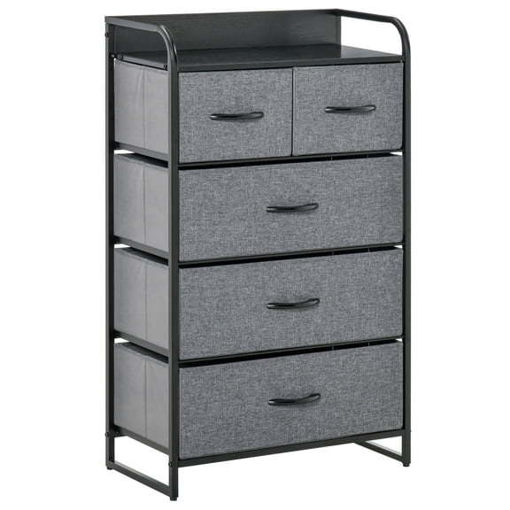 Living Room Cabinets HOMCOM 5-Drawer Dresser, Fabric Chest of Drawers, 4-Tier Storage Organizer for Bedroom Entryway, Tower Unit with Steel Frame Wooden Top, Gray,Metal Cabinets