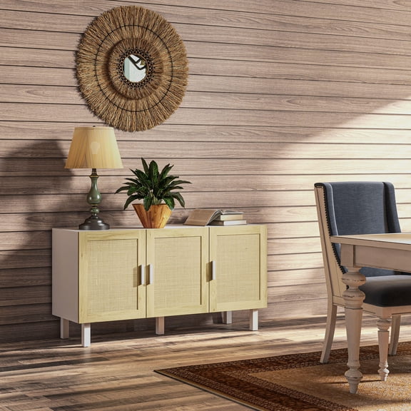 Living Room Cabinets HOMCOM Sideboard Buffet Cabinet, Kitchen Cabinet, Coffee Bar Cabinet with 3 Rattan Doors and Adjustable Shelves, White and Natural,Metal Cabinets