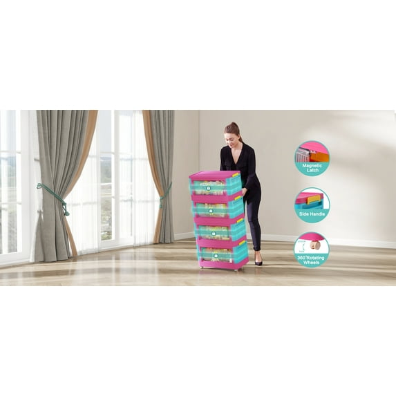 Living Room Cabinets Happy Color,20" Side Wide Folding Storage Cabinet ,5 Tiers,19.69"×11.81"×50.00",Collapsible Storage Bins with Magnetic Door, Plastic Storage Cabinet with Wheels,Metal Cabinets