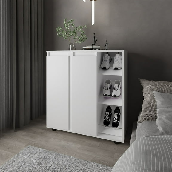 Living Room Cabinets Houck Shoe Rack with 3 Side Tiers, Compact Storage for Shoes, Boots, and Accessories Organizer, White,Wooden Cabinets