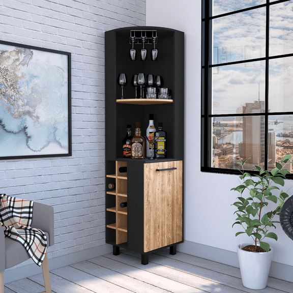 Living Room Cabinets Kaia Corner Bar Cabinet, Two Shelves, Ten Built-in Wine Rack, Single Door Cabinet, Two interior Shelves, -Black / Pine,Wooden Cabinets