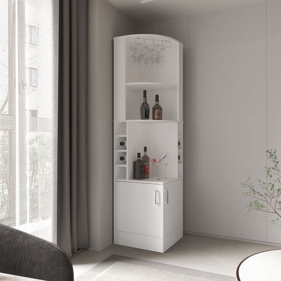Living Room Cabinets Kava Being Corner Bar Cabinet, Glass Rack, Double Door Cabinet, Eight Built-In Wine Rack, White,Primary Living Space Cabinets