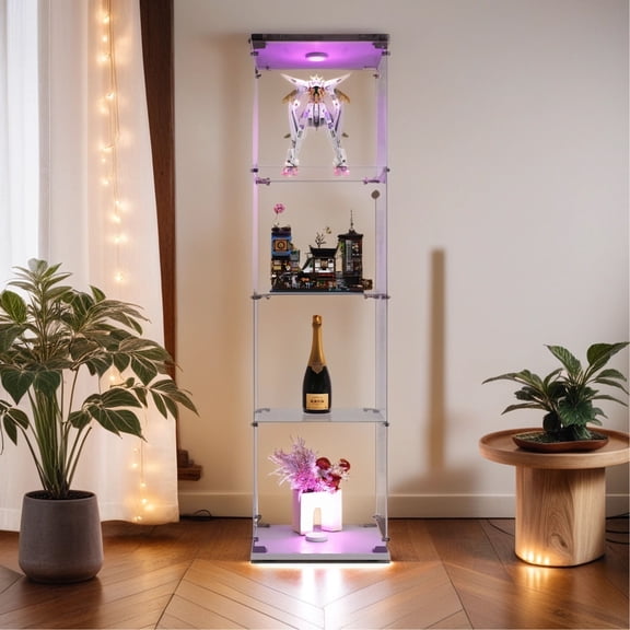 Living Room Cabinets Lighted 4 Shelves Glass Cabinet Glass Display Cabinet with One Door, White,Wooden Cabinets