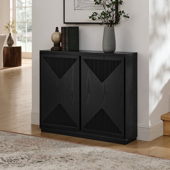 Living Room Cabinets Mid Century Modern V-shape Storage Cabinet, Buffet Cabinet with Storage, Narrow Side Cabinet for Living Room Entryway Hallway Kitchen, Coffee Bar, Black,Wooden Cabinets