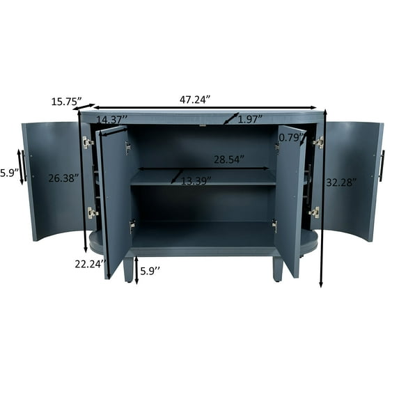 Living Room Cabinets Modern Curved Sideboard 47.2-Inch Decorative Storage Cabinet Wooden Console Table Coffee Bar Cabinet with 4 Doors and Adjustable Interior Shelves for Living Room, Kitchen, Bedroo