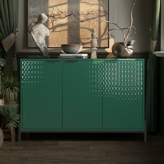 Living Room Cabinets Modern Green High Gloss 3-Door Cabinet -Buffet Sideboard with Powder Coated Metal Feet,Primary Living Space Cabinets