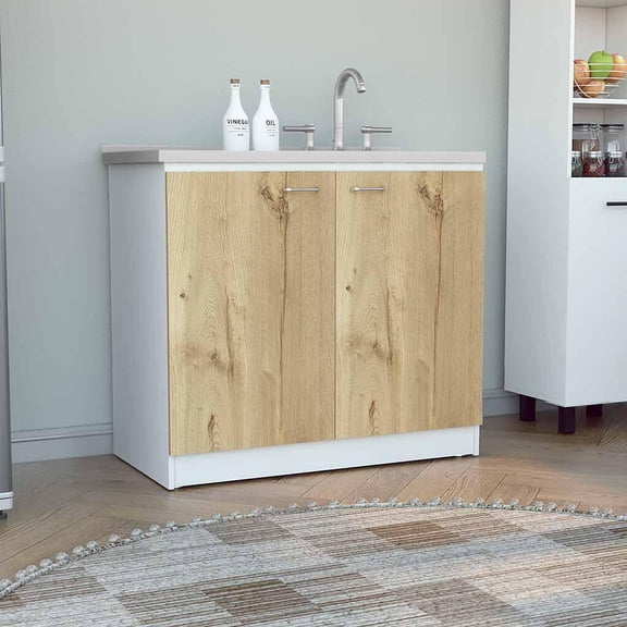 Living Room Cabinets Napoles Utility Sink with Cabinet, One Shelf, Double Door Cabinet -White / Light Oak,Wooden Cabinets