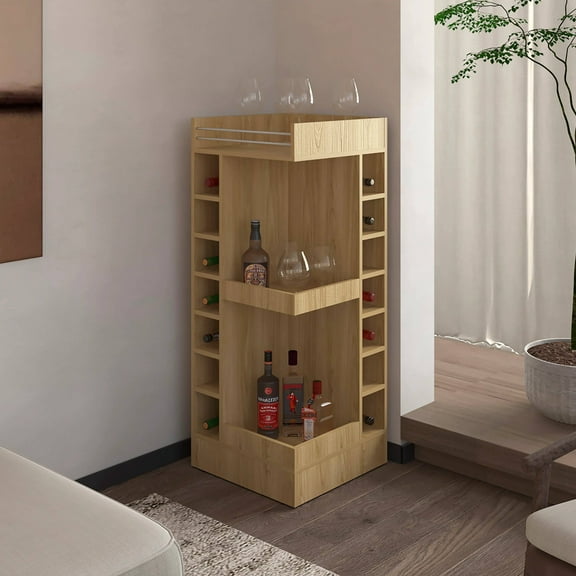 Living Room Cabinets Natural Oak Corner Bar Cabinet with Wine Rack and Open Shelf,Primary Living Space Cabinets