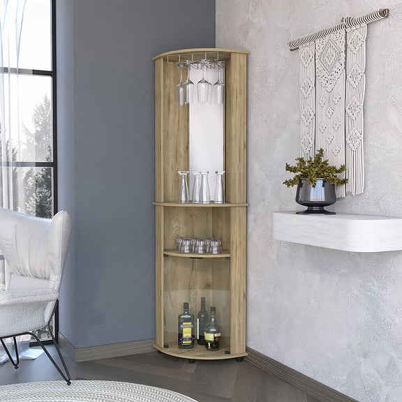 Living Room Cabinets Oregon Corner Bar Cabinet, 3-Tier Shelf with Glass Rack,Wooden Cabinets