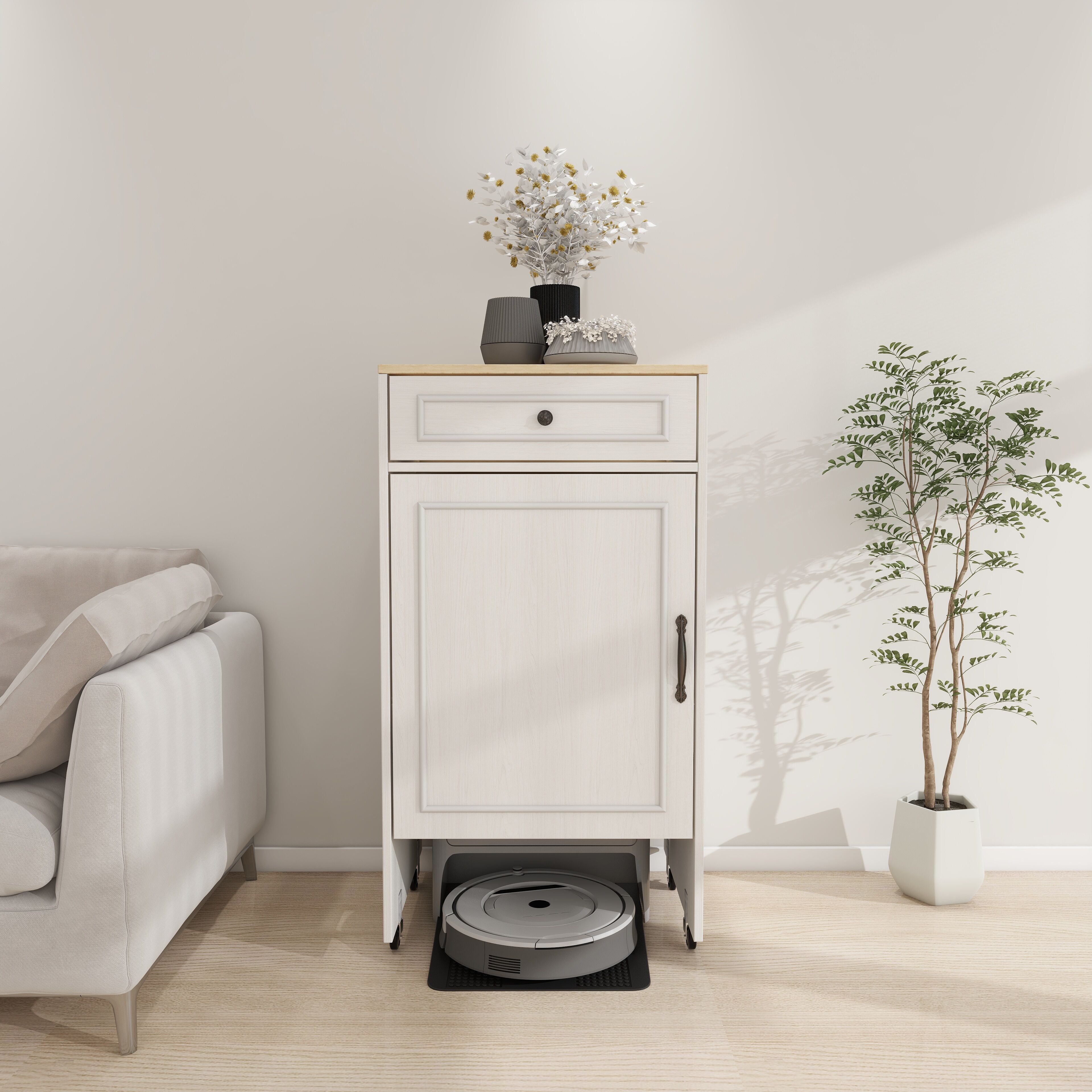 Living Room Cabinets Robot Vacuum Stand Cabinet with Wheels, Sweeping Robot Storage Rack with Doors and Drawers, Side Table for Living Room, Home Office, Kitchen-Antique White,Primary Living Space Ca