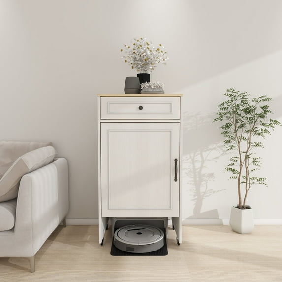 Living Room Cabinets Robot Vacuum Stand Cabinet with Wheels, Sweeping Robot Storage Rack with Doors and Drawers, Side Table for Living Room, Home Office, Kitchen-Antique White,Primary Living Space Ca