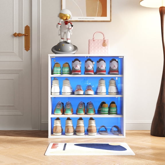 Living Room Cabinets Shoe Box with RGB LED Light, Wooden Stackable Shoe Storage Box with Glass Door, Shoe Storage Bin Shoe Display Case for Sneakers (4 Tier-1),Wooden Cabinets