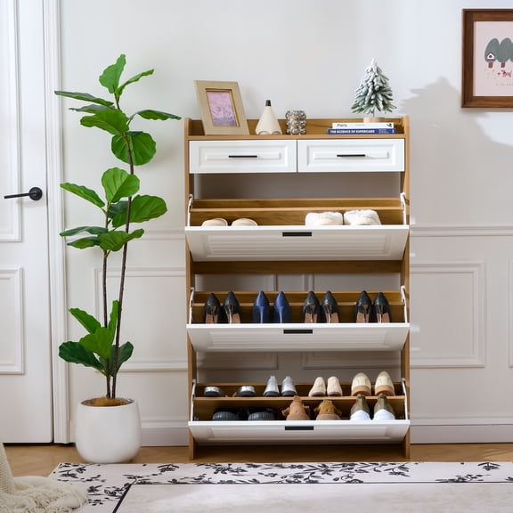 Living Room Cabinets Shoe Cabinet with 3 Hidden Flip Drawers & 2 Storage drawer,Particle Board Narrow Shoe Storage Cabinet,Freestanding Shoe Organizer Cabinet for Entryway Hallway(White+Walnut),Wood