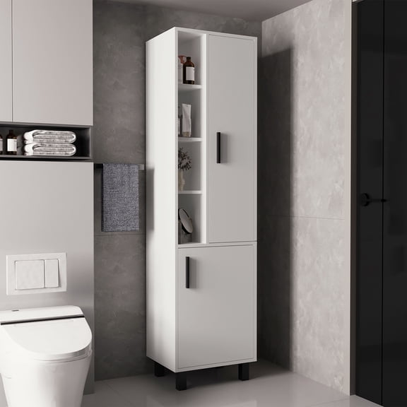 Bathroom Storage Cabinet Stanton Tall Storage Cabinet With Two Doors And Three Open Shelves, White,Bathroom Vanity