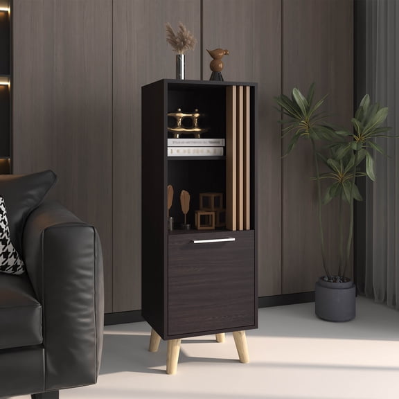 Living Room Cabinets Storage Cabinet, 1 Door, 2 Shelves, Black / Natural Oak,Wooden Cabinets