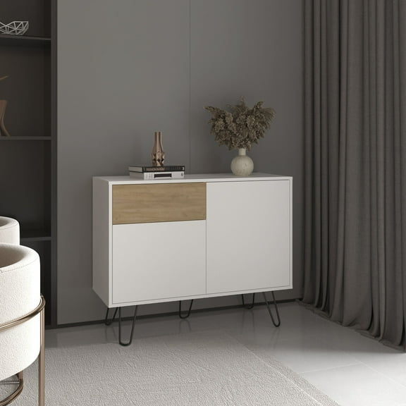 Living Room Cabinets Tori 39" Wide Console Table With Two Cabinets, One Drawer and Four Shelves, White - Natural Oak,Primary Living Space Cabinets