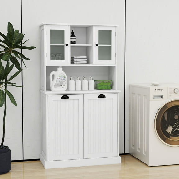 Living Room Cabinets Two-Compartment Tilt-Out Dirty Laundry Basket Tall Bathroom Cabinet with 2 Adjustable Shelves-White,Wooden Cabinets
