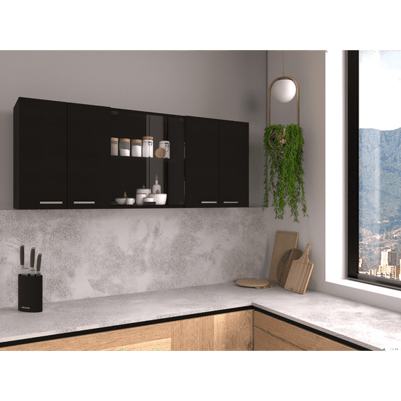 Living Room Cabinets Wall Cabinet 24" H, four Doors, with two internal Shelves and internal plate and glass organizer, two Storage Shelves with two glass Doors, Black,Wooden Cabinets