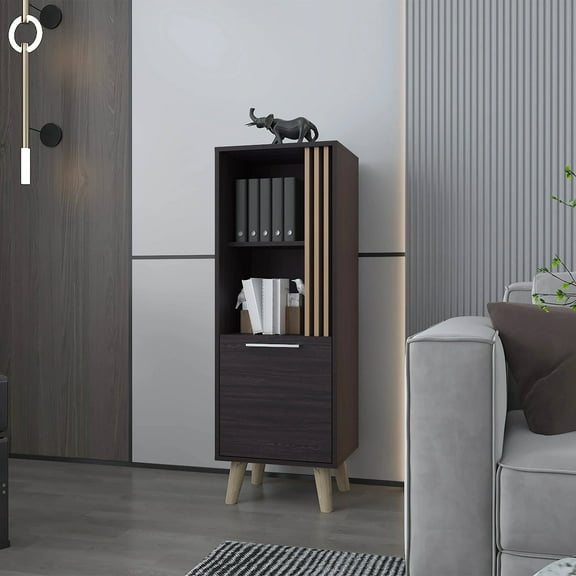 Living Room Cabinets Wengue and Natural Oak Storage Cabinet with a Door and Open Storage,Wooden Cabinets