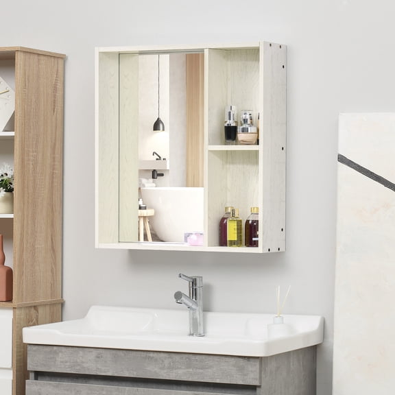 Living Room Cabinets kleankin 24.75" x 25.5" Bathroom Medicine Cabinet with Mirror, Storage Shelf, Over Toilet Bathroom Cabinet Wall Mounted for Living Room and Laundry Room, White,Metal Cabinets