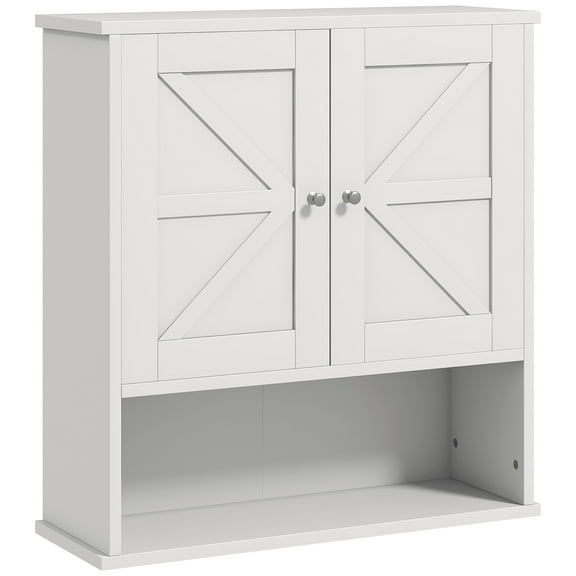 Living Room Cabinets kleankin Farmhouse Bathroom Wall Cabinet, Wall Mounted Medicine Cabinet with Open Shelf & Adjustable Shelf, Storage for Laundry Room, White,Metal Cabinets
