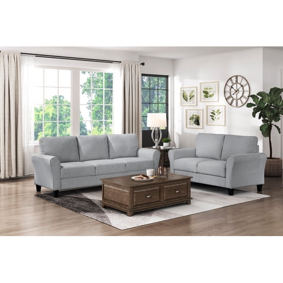 Living Room Casual 2pcs Sofa Set Dark Gray Textured Upholstered Sofa Loveseat Couch Rounded Arms