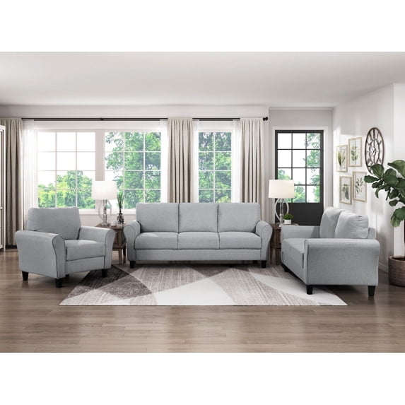 Living Room Casual 3pcs Sofa Set Dark Gray Textured Upholstered Sofa Loveseat Chair Rounded Arms Couch