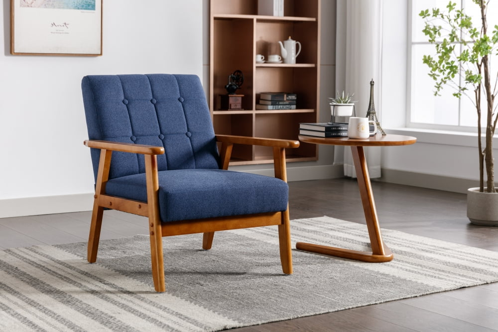 Living Room Chair Linen Fabric Accent Chair with Solid Wood Frame Mid Century Modern Lounge Reading Armchair for Bedroom Office Navy Walmart