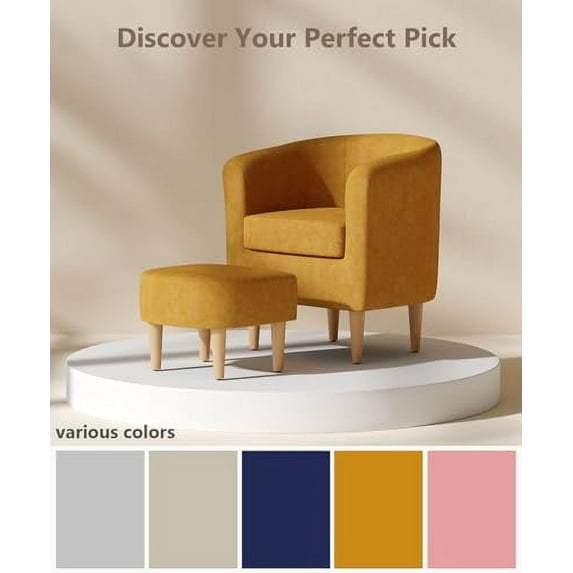Living Room Chair with Ottoman, Modern Accent Chair, Upholstered Arm Chair Linen Fabric Single Sofa Reading Barrel Chair Foot Rest Comfy Armchair for Bedroom Small Spaces Office (Y