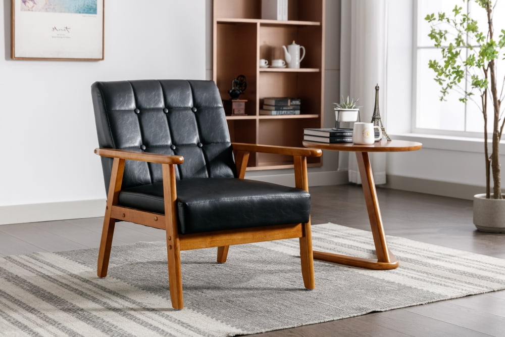Living Room Chair, PU Leather Accent Chair with Solid Wood Frame, Mid ...