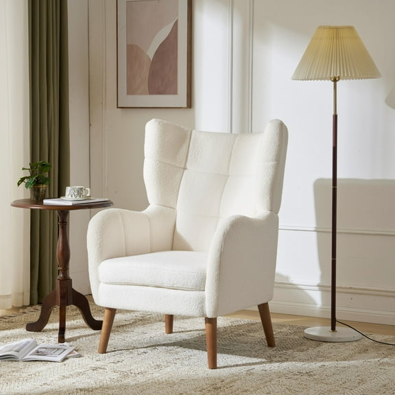 Living Room Chairs 41" High Back Accent Chair, Thickened Upholstered Teddy Wool Chair, Comfy Armchair with Birch Wood Legs, White,Accent Chairs
