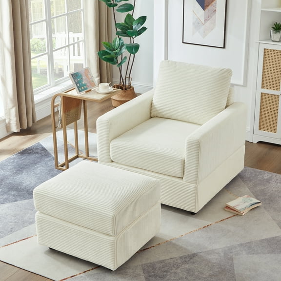 Living Room Chairs Classic Corduroy Chaise Lounge, Comfy Sofa Chaise Couch Chair, Upholstered Accent Chair with Ottoman for Living Room - Beige,Accent Chairs