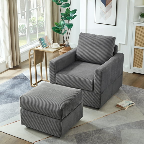 Living Room Chairs Classic Corduroy Chaise Lounge, Comfy Sofa Chaise Couch Chair, Upholstered Accent Chair with Ottoman for Living Room -GREY,Accent Chairs