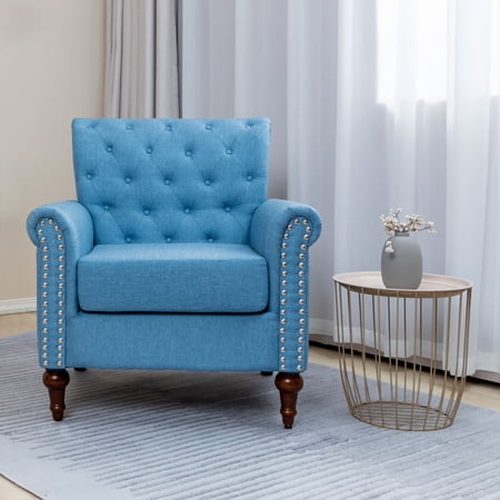 Living Room Chairs Modern Accent Linen Fabric Arm Chair Comfy Upholstered Tufted Club Single Sofa Blue