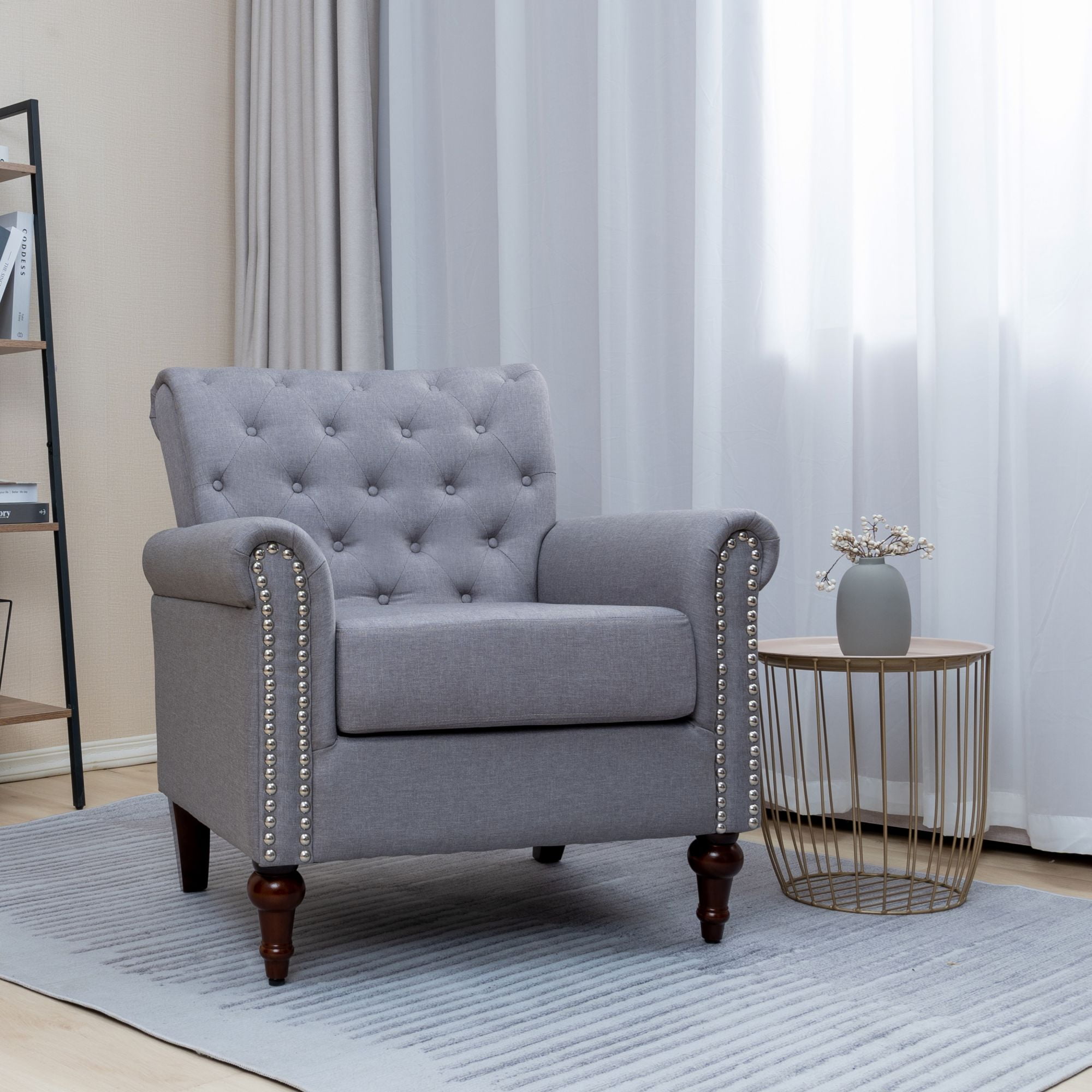 Living Room Chairs Modern Accent Linen Fabric Arm Chair Comfy Upholstered Tufted Club Single Sofa Light Gray