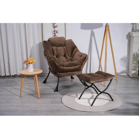 Living Room Chairs Modern Cotton Fabric Lazy Chair, Accent Contemporary Lounge Chair, Single Steel Frame Leisure Sofa Chair with Armrests and A Side Pocket (Brown )