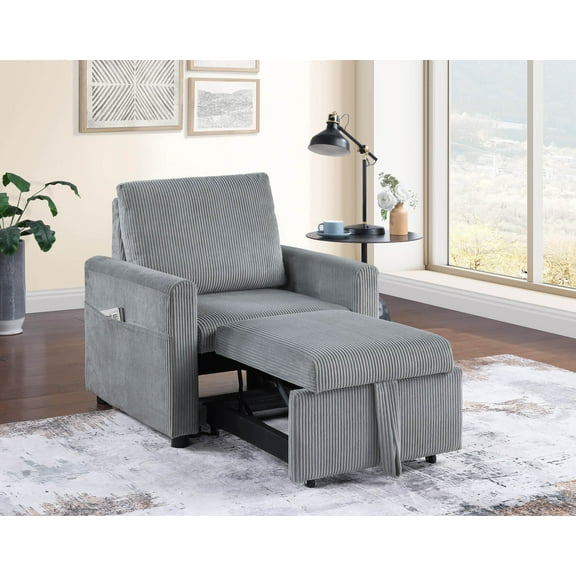 Living Room Chairs Oswin 32.5"W Gray Corduroy Armchair with Pull-Out Chaise and Side Pocket,Accent Chairs