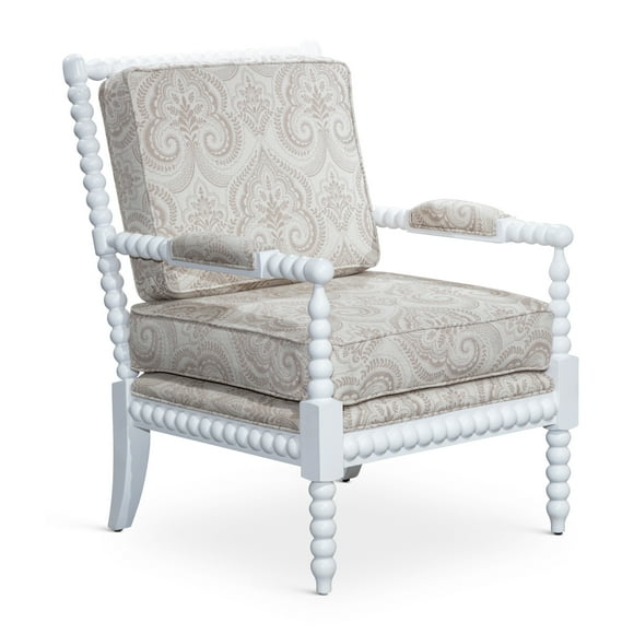 Living Room Chairs Spindle Chair, White Finish, Taupe Paisley Fabric,Accent Chairs