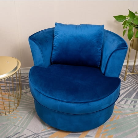 Living Room Chairs Velvet Swivel Barrel Chair Round Accent Sofa with 1 Pillow Club Arm Chair Blue