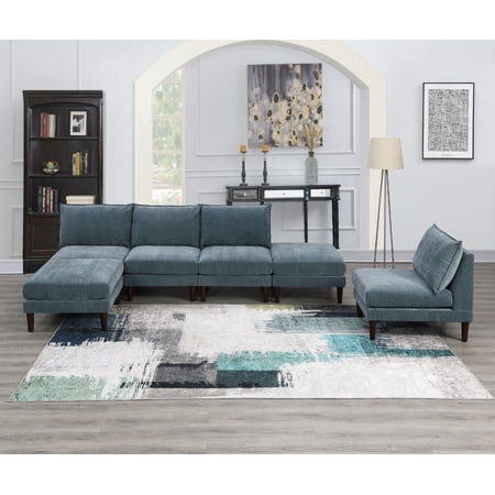 Living Room Classic 6pc Modular Sectional Sofa set 4x Armless Chair 2x Ottoman Mineral Morgan Fabric Cushion Couch Furniture