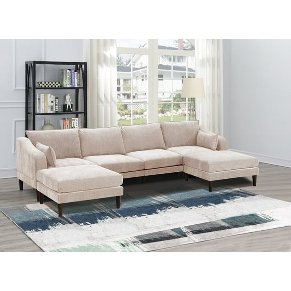Living Room Classic 6pc Modular Sectional set 2x Armless Chair 2x Corner Wedge 2x Ottoman Blush Morgan Fabric Cushion Couch